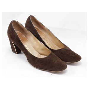DeLiso Debs Brown Suede Gold Piping Leather Women's sz 7 A 2.5" Heels Vtg. Cool